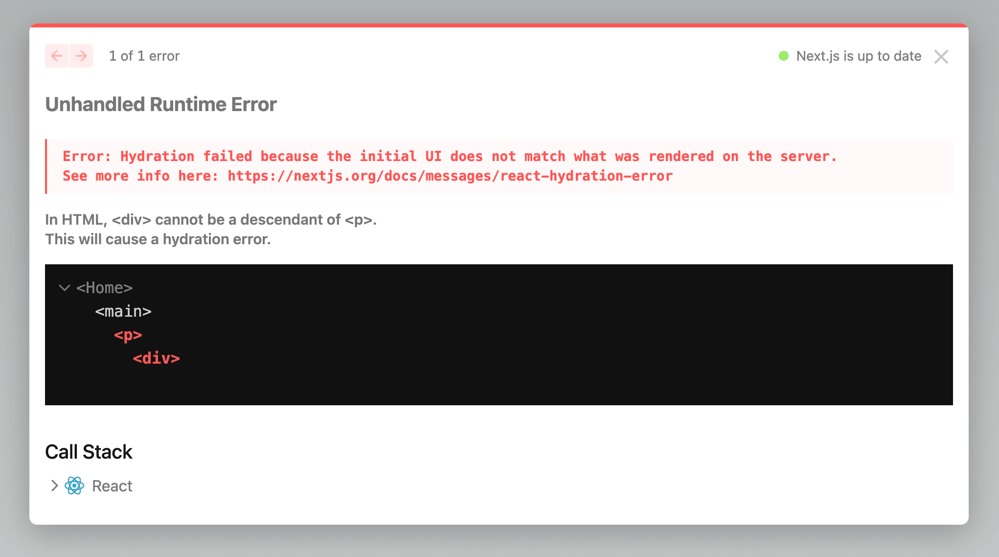 An example of the Next.js error overlay after version 14.2.